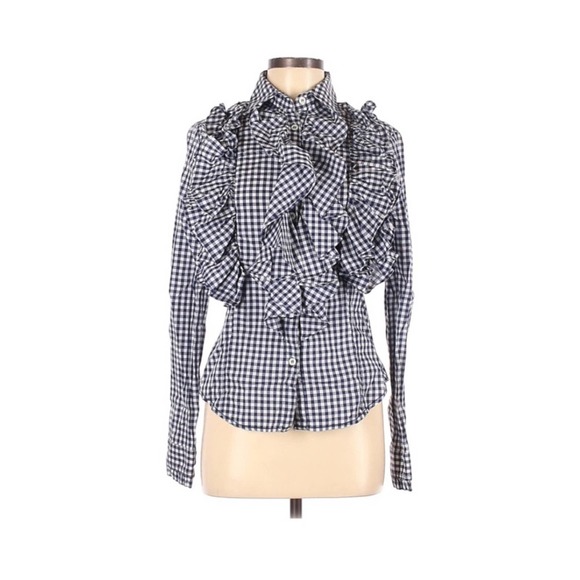 gaetano navarra Tops - Gaetano Navarra Gingham Blue Ruffle Button down
